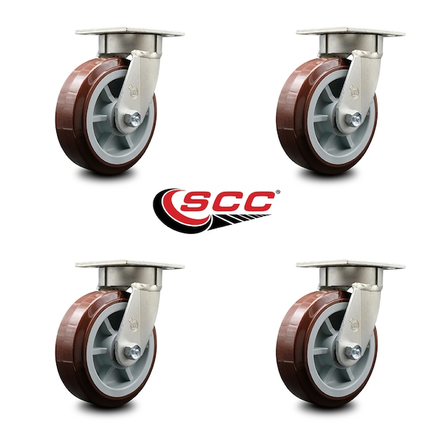 6 Inch Kingpinless Poly on Polyolefin Wheel Swivel Top Plate Caster SCC, 4PK